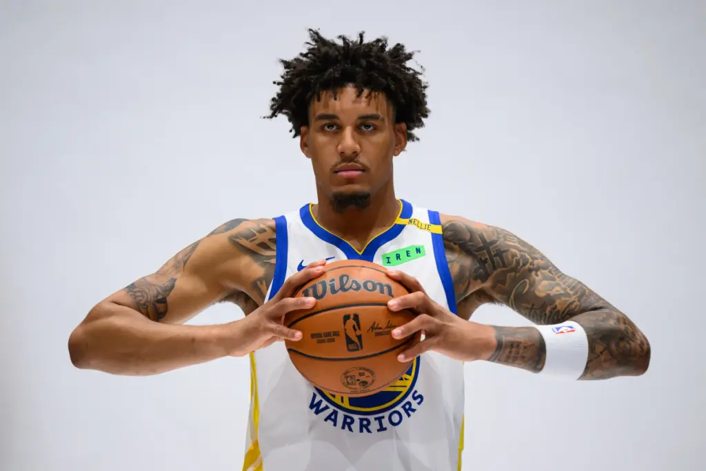 Golden State Warriorsâ Yaxel Lendeborg (1) is photographed during media...