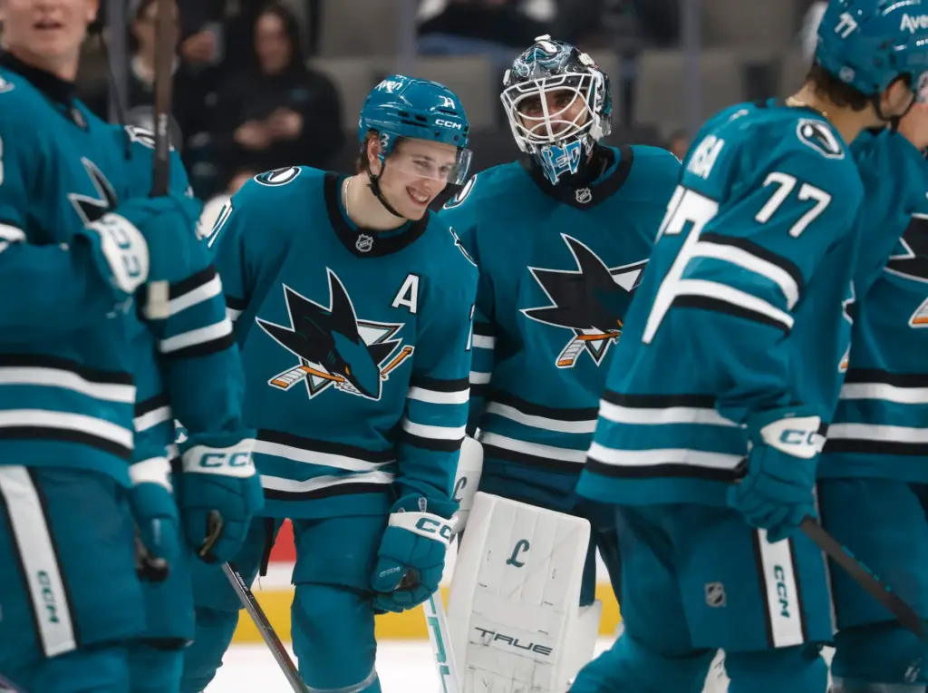 San Jose Sharks' Macklin Celebrini (71) skates off the ice...