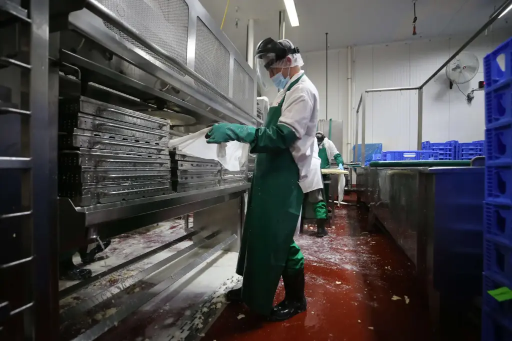 An employee strains tofu in the Amy’s Kitchen production facility...