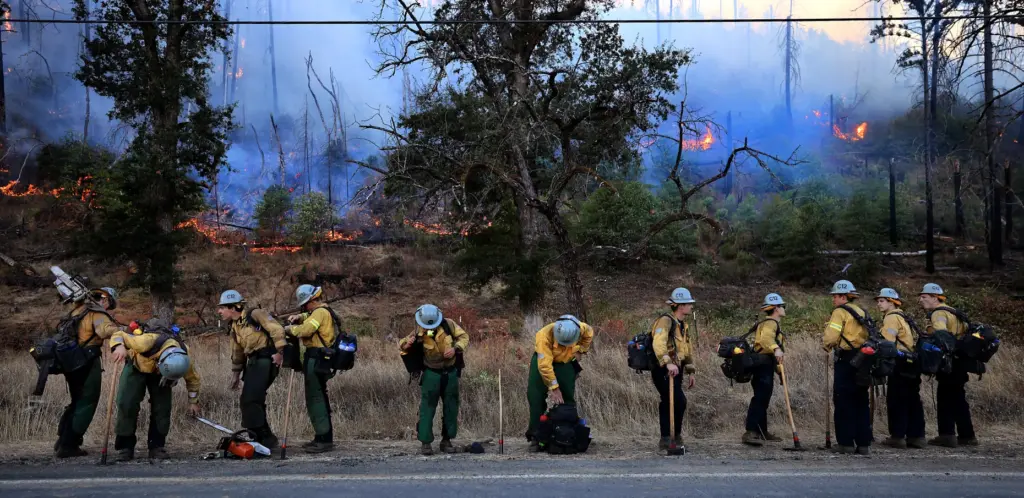 A hand crew with the Ventura County Fire Department, take...