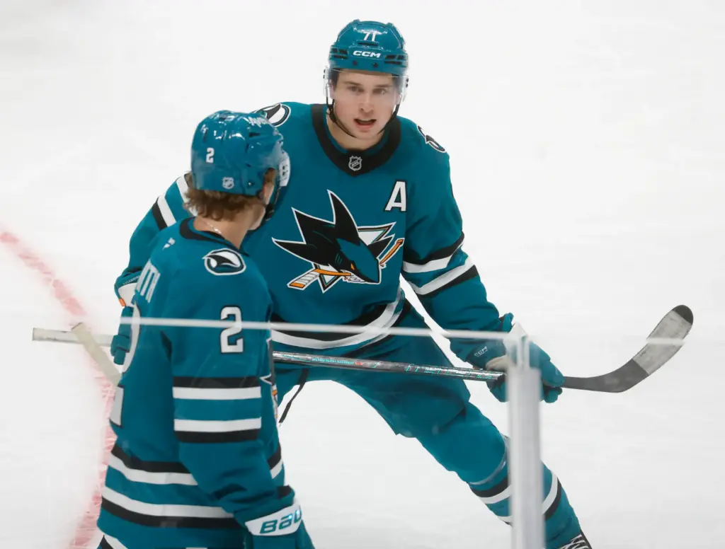San Jose Sharks' Macklin Celebrini (71) talks to San Jose...