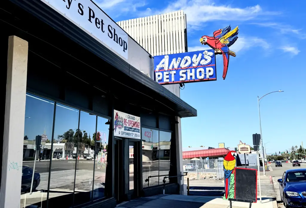 The iconic neon sign for Andy's Pet Shop, which originally...