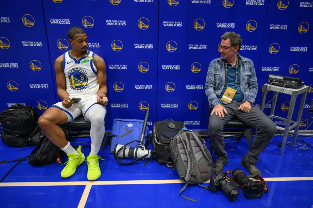 Golden State Warriorsâ De'Anthony Melton (8) shows off his pet...