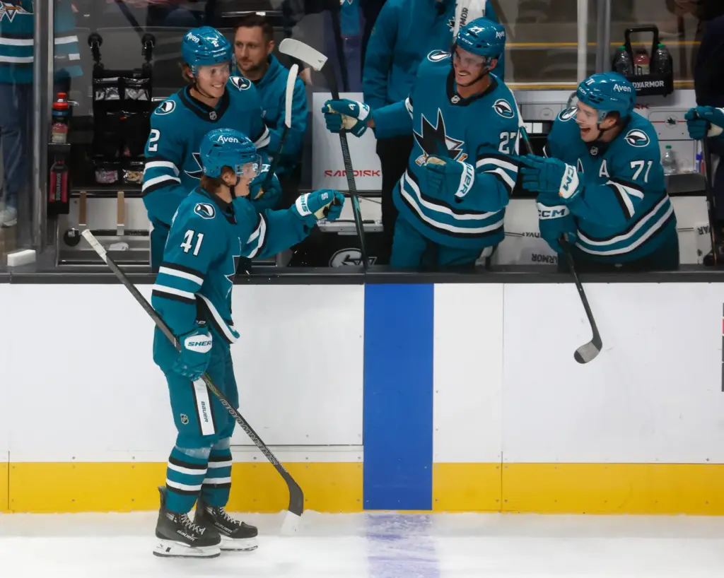 San Jose Sharks' Ivar Stenberg (41) is congratulated on his...