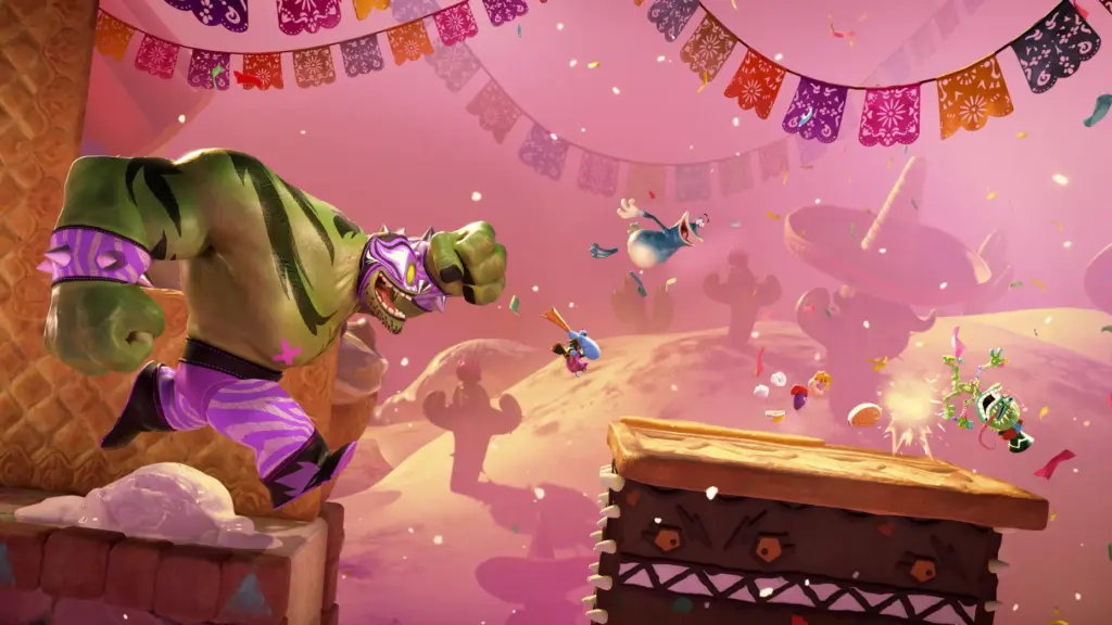 A luchador chases after Rayman and his friends