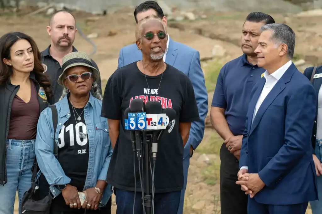 Altadena resident Rasheed Ali speaks during a press conference with...