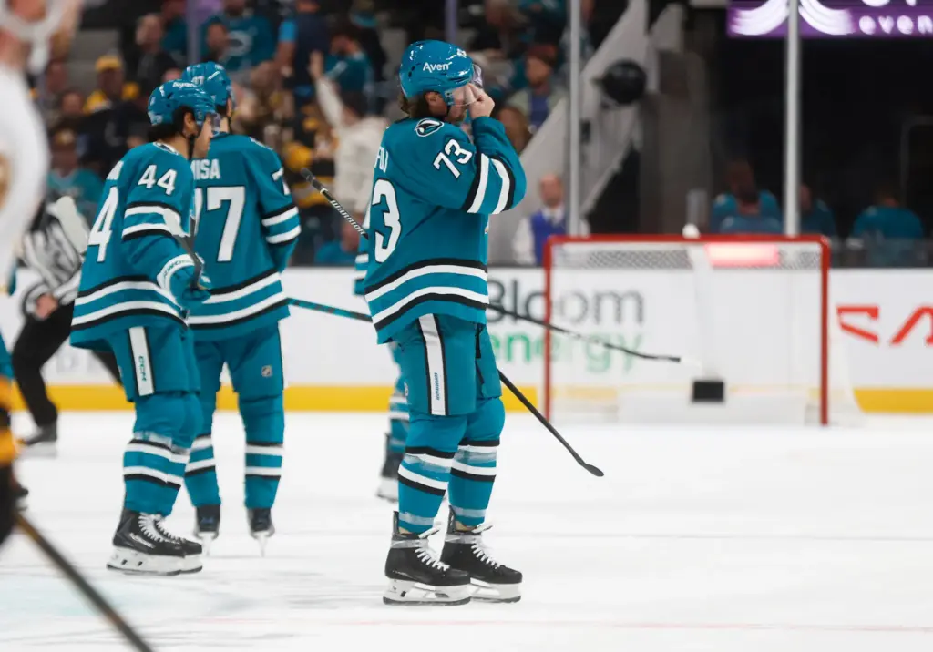 San Jose Sharks' Tyler Toffoli (73) rubs his eyes after...