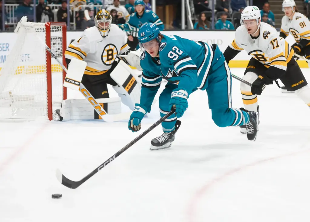 San Jose Sharks' Igor Chernyshov (92) reaches for the puck...