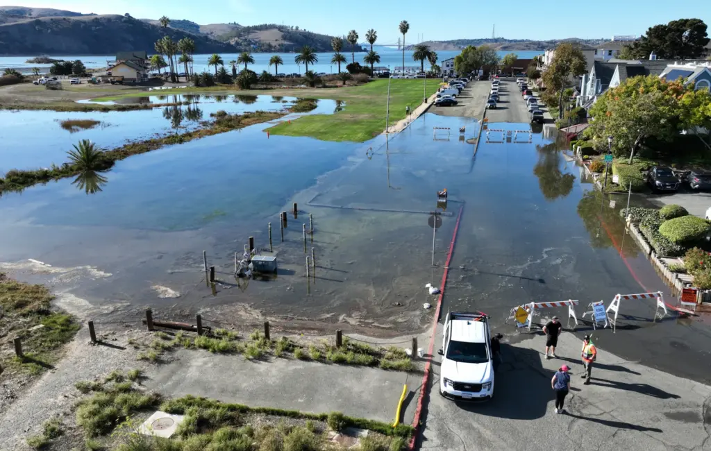 A drone view of high tide flooding near the Benicia...