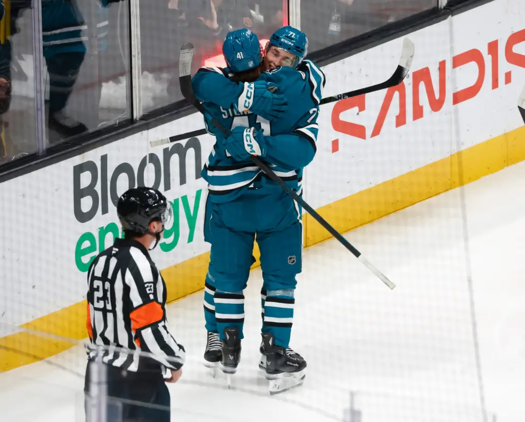 San Jose Sharks' Ivar Stenberg (41) is congratulated on his...