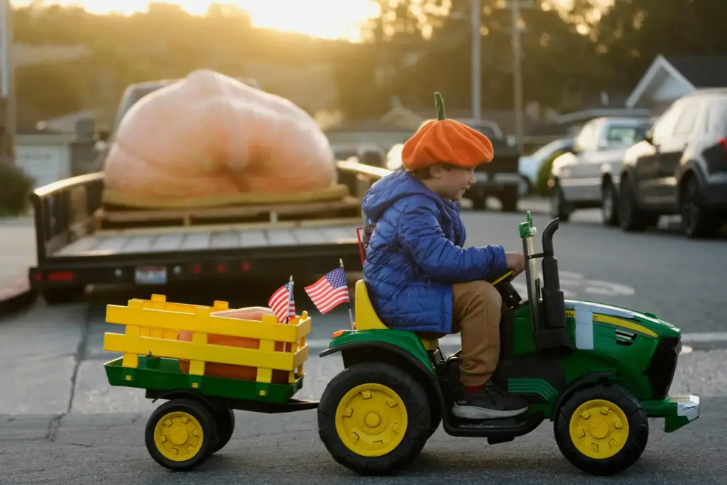 Miles, 6, drives past a large pumpkin that will entered...