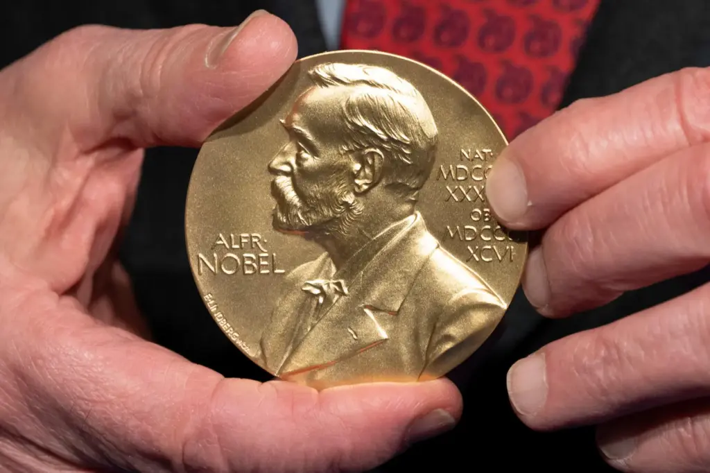 A close-up view of a Nobel Prize medal at the National Institutes of Health.