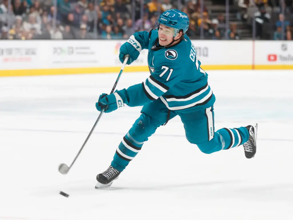 San Jose Sharks' Macklin Celebrini (71) takes a shot against...