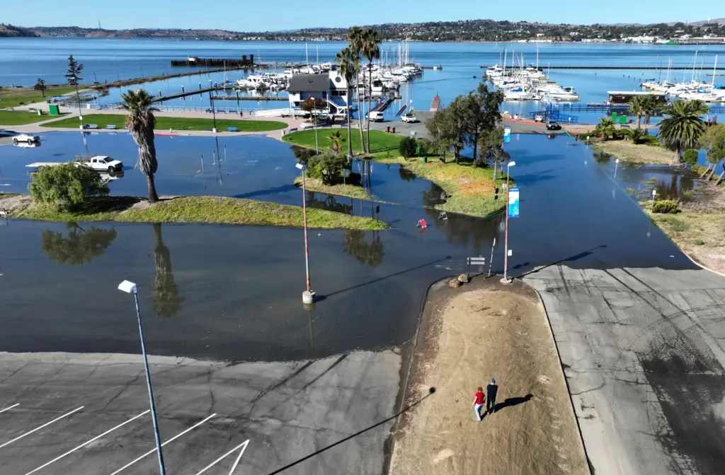 A drone view of high tide flooding at the Martinez...