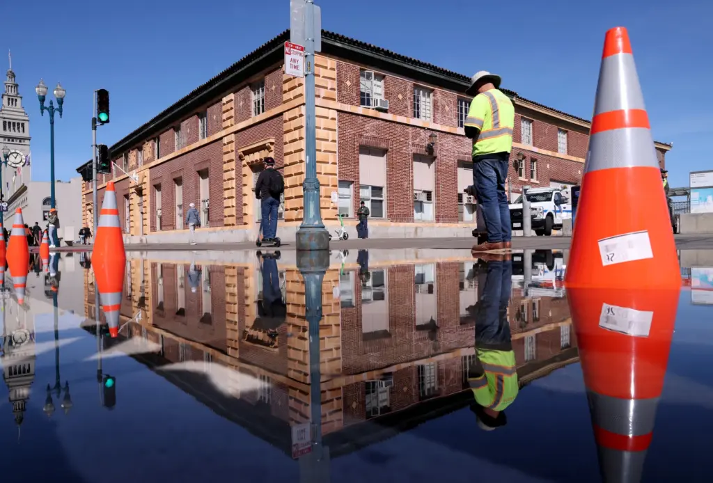 High tide flooding along the Embarcadero in San Francisco, Calif.,...