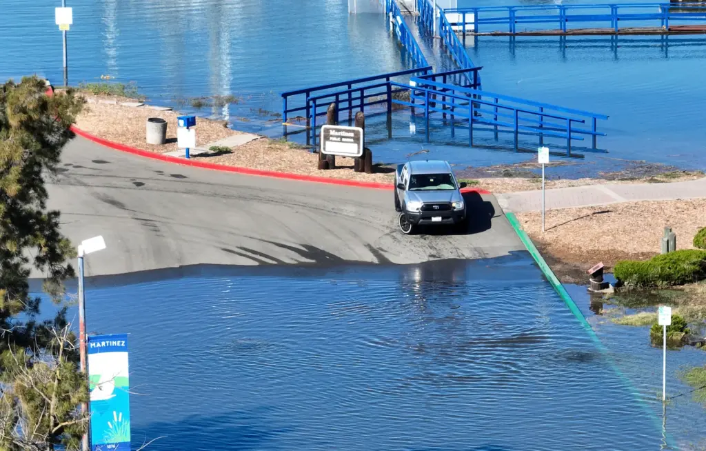 A drone view of high tide flooding at the Martinez...