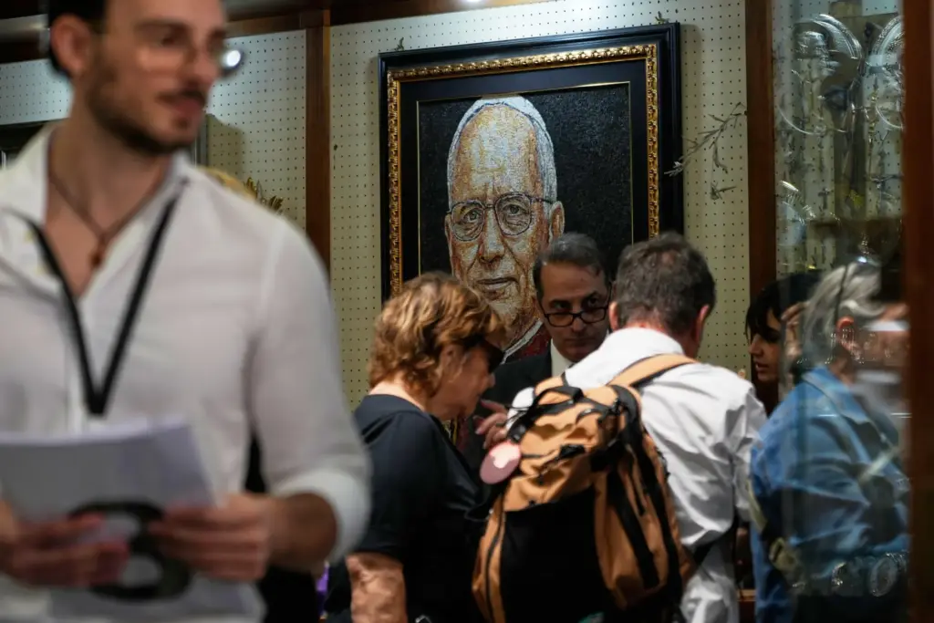 A mosaic of Pope Leo XIV is displayed inside a shop near St. Peter's Square.
