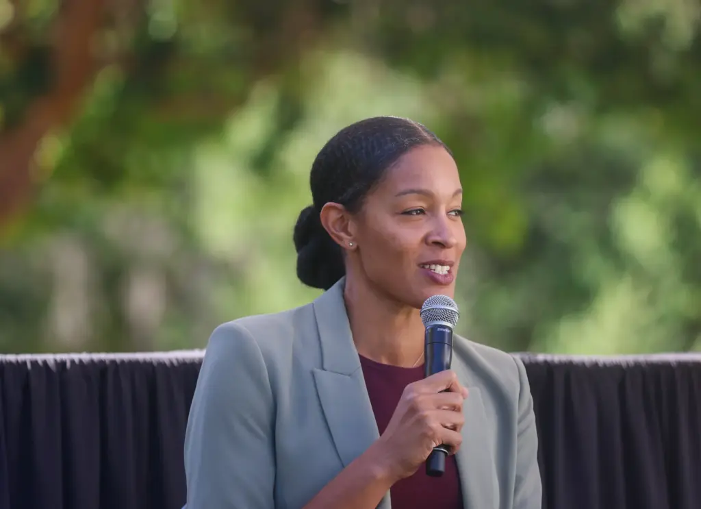 Bethany Donaphin, WNBA Head of League Operations, speaks at San...