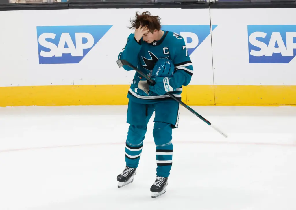 San Jose Sharks' Macklin Celebrini (71) prepares to put his...